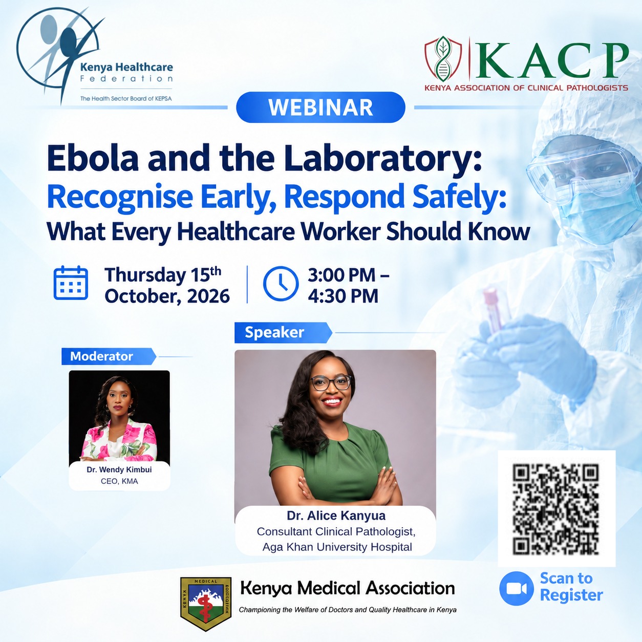 Ebola and the Laboratory webinar poster, Thursday 15 October 2026, 3:00 PM to 4:30 PM